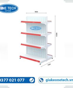 Giá kệ đôi siêu thị 4 tầng bằng tôn lỗ, kích thước cao 150cm, dài 90cm, thiết kế chắc chắn, phù hợp trưng bày hàng hóa