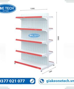 Kệ đôi siêu thị tôn đục lỗ 5 tầng với kích thước C180 D120 cm, thiết kế chắc chắn và tiện dụng cho không gian bán hàng.