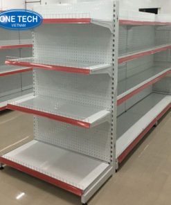 Giá kệ đơn siêu thị 4 tầng tôn đục lỗ, dài 90cm, cao 1m50, dùng trong siêu thị mini