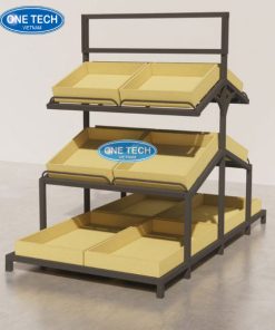 Kệ đựng rau củ quả đôi 3 tầng với khay gỗ tự nhiên, thiết kế chắc chắn, phù hợp cho cửa hàng thực phẩm và siêu thị.