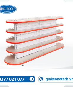 Kệ siêu thị bán nguyệt trưng bày hàng hóa tại siêu thị mini, kiểu dáng cong hiện đại, sơn tĩnh điện màu trắng