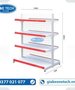 Kệ siêu thị đôi lưng lưới 4 tầng, kích thước C150 x D120 cm, thiết kế chắc chắn, phù hợp cho cửa hàng tạp hóa và siêu thị.