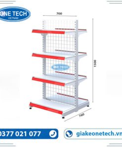 Kệ siêu thị đôi lưng lưới 4 tầng chắc chắn, thiết kế tối ưu giúp trưng bày sản phẩm gọn gàng, chuyên nghiệp.