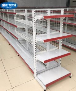 Kệ đôi lưng lưới 4 tầng siêu thị cao 150cm, sâu 70cm, khung sắt sơn tĩnh điện màu trắng phối xanh