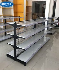 Giá kệ trưng bày siêu thị đôi 4 tầng, mặt lưng lưới chắc chắn, khung thép bền vững, sơn tĩnh điện