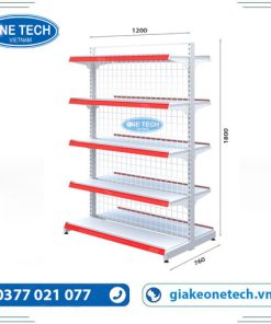Kệ đôi siêu thị lưng lưới 5 tầng kích thước x C180 x D120, thiết kế chắc chắn, phù hợp trưng bày hàng hóa trong siêu thị, cửa hàng tiện lợi.
