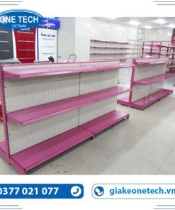 Giá kệ trưng bày hàng hóa đôi, 3 tầng, mặt lưng tôn lỗ, cao 120cm dài 70cm, dùng trong siêu thị và cửa hàng bán lẻ