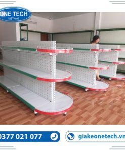 Kệ đôi trưng bày 3 tầng với lưng tôn đục lỗ, sơn tĩnh điện, phù hợp cho cửa hàng kinh doanh bán lẻ
