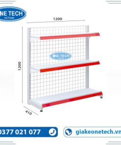 Kệ siêu thị đơn lưng lưới 3 tầng kích thước x C120 x D120 cm, thiết kế chắc chắn, phù hợp trưng bày sản phẩm trong cửa hàng và siêu thị.