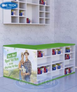 Bàn thu ngân bằng gỗ tự nhiên màu nâu, thiết kế hiện đại, phù hợp cho siêu thị và cửa hàng bán lẻ