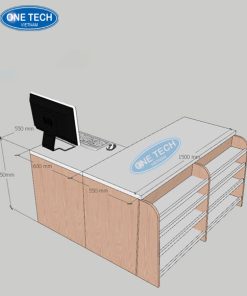 Bàn thu ngân mẫu 1 chất liệu gỗ kết hợp mặt đá, có kệ nhỏ phía trước, thích hợp dùng trong siêu thị