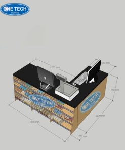 Quầy thu ngân thiết kế mẫu số 2 với mặt bàn đá và thân gỗ, phù hợp với không gian thương mại hiện đại