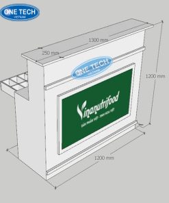 Mẫu bàn thu ngân Nutrimart với thiết kế chắc chắn, phối màu nổi bật, sử dụng tại quầy tính tiền siêu thị