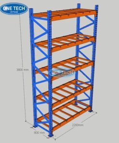 Giá kệ kho công nghiệp 5 tầng bằng thép chắc chắn, chịu lực tốt, sơn màu cam – xanh