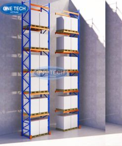 Kệ kho hàng hạng nặng 6 tầng màu xanh cam, thiết kế chắc chắn, tải trọng lớn trên mỗi tầng