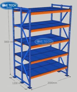 Hệ thống kệ kho 5 tầng trung tải, thiết kế 3 chân trụ vững chắc, phù hợp kho chứa hàng hóa vừa tải trọng