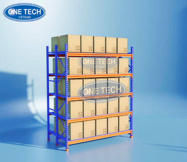 Kệ trung tải 5 tầng với thiết kế 3 chân trụ chắc chắn, chịu lực tốt, sơn tĩnh điện chống gỉ, phù hợp cho kho hàng quy mô vừa