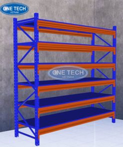 Kệ trung tải 6 tầng bằng sắt sơn tĩnh điện màu xanh, chịu lực tốt, dùng để lưu trữ hàng hóa trong kho