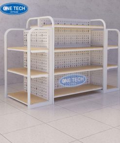 Kệ gỗ khung sắt đôi với lưng tôn đục lỗ, thiết kế chắc chắn, phù hợp trưng bày sản phẩm đa dạng.