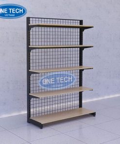 Kệ gỗ khung sắt áp tường 5 tầng lưng lưới có thiết kế đẹp mắt