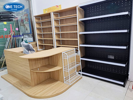 Bàn thu ngân gỗ công nghiệp chữ L hiện đại cho cửa hàng Bàn thu ngân chữ L bằng gỗ công nghiệp màu trắng hiện đại, thiết kế tiện lợi cho quầy thanh toán cửa hàng