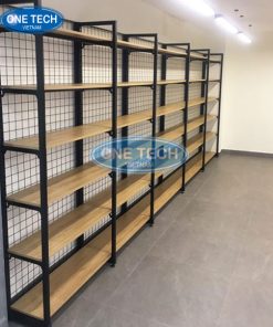 Kệ khung sắt mặt gỗ 6 tầng chắc chắn, thiết kế hiện đại, phù hợp cho trưng bày và lưu trữ.