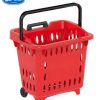 Giỏ kéo siêu thị nhựa màu đỏ có tay cầm và bánh xe di chuyển linh hoạt