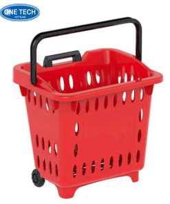 Giỏ kéo siêu thị nhựa màu đỏ có tay cầm và bánh xe di chuyển linh hoạt