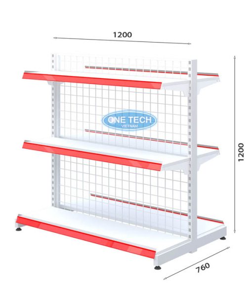 Kệ siêu thị đôi lưng lưới 3 tầng chắc chắn, thiết kế thông thoáng, giúp trưng bày hàng hóa hiệu quả.