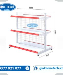 Kệ siêu thị đôi 3 tầng lưng lưới, kích thước cao 120cm, dài 120cm, màu trắng xanh, dùng trong siêu thị mini và cửa hàng tạp hóa