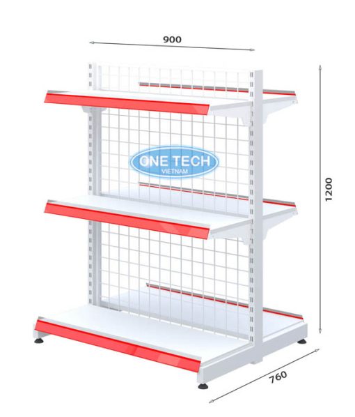 Kệ đôi siêu thị lưng lưới 3 tầng kích thước C120 x D90, thiết kế chắc chắn, tối ưu không gian trưng bày sản phẩm.