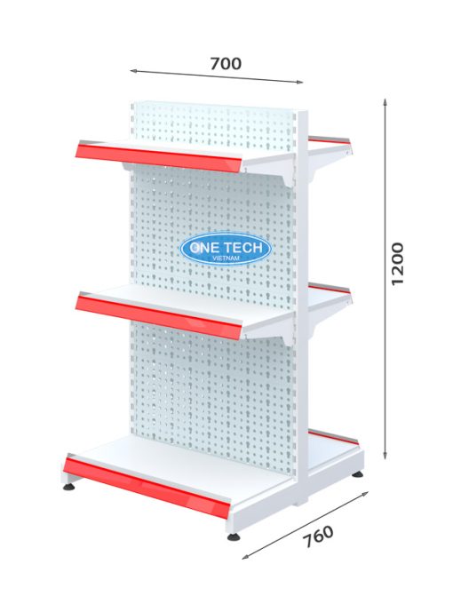 Kệ siêu thị đôi 3 tầng chất liệu tôn đục lỗ, kích thước cao 120cm sâu 70cm, thiết kế chắc chắn, phù hợp trưng bày hàng hóa