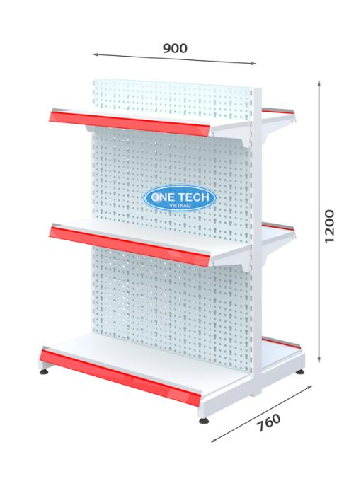 Kệ đôi siêu thị 3 tầng tôn đục lỗ chắc chắn, kích thước cao 120cm, sâu 90cm, phù hợp trưng bày hàng hóa