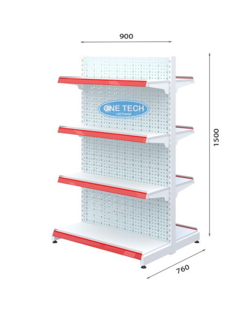 Giá kệ đôi siêu thị 4 tầng bằng tôn lỗ, kích thước cao 150cm, dài 90cm, thiết kế chắc chắn, phù hợp trưng bày hàng hóa