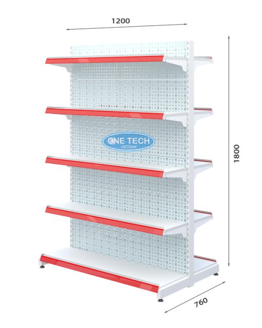 Kệ đôi siêu thị tôn đục lỗ 5 tầng với kích thước C180 D120 cm, thiết kế chắc chắn và tiện dụng cho không gian bán hàng.