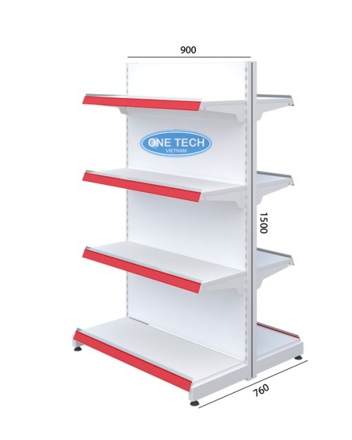 Kệ siêu thị đôi tôn liền 4 tầng, kích thước C150 x D90 cm, thiết kế chắc chắn, tối ưu không gian trưng bày.