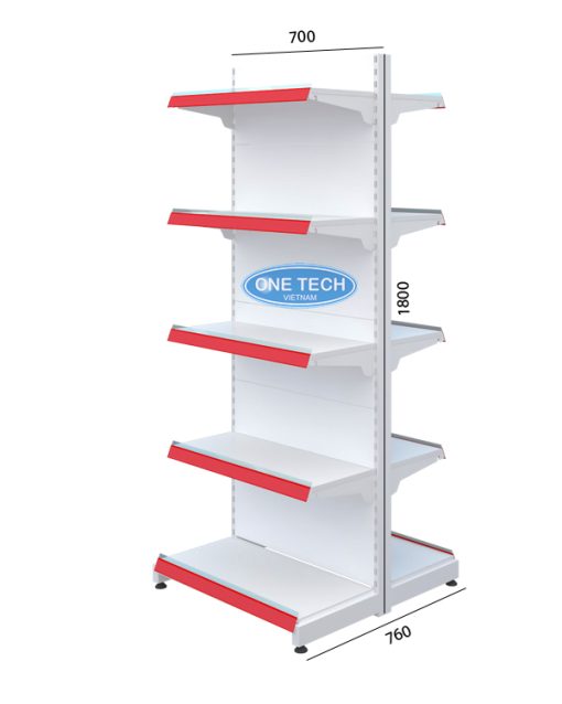 Kệ đôi tôn liền 5 tầng kích thước C180 x D70, thiết kế chắc chắn, phù hợp trưng bày hàng hóa trong cửa hàng, siêu thị.
