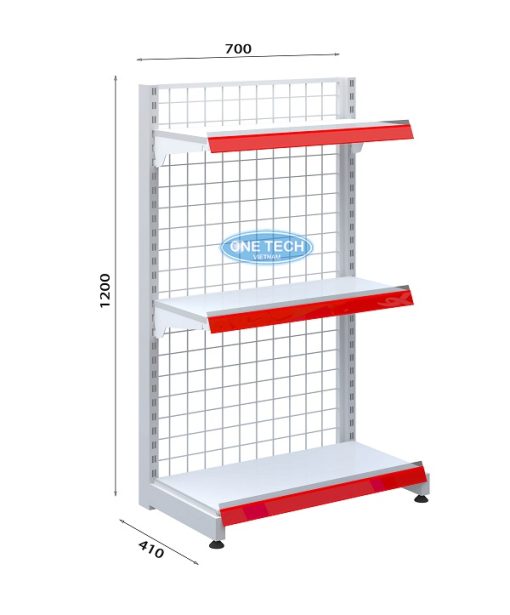 Kệ siêu thị đơn lưng lưới 3 tầng kích thước C120 x D70 cm, thiết kế chắc chắn, phù hợp trưng bày hàng hóa.