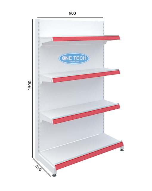 Kệ đơn siêu thị tôn liền 4 tầng kích thước C150 x D90 (cm), thiết kế chắc chắn, tiện dụng cho việc trưng bày hàng hóa tại siêu thị.