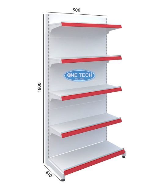 Kệ siêu thị đơn tôn liền 5 tầng với kích thước C180 x D90 cm, sử dụng trong cửa hàng, siêu thị hoặc kho để trưng bày sản phẩm.