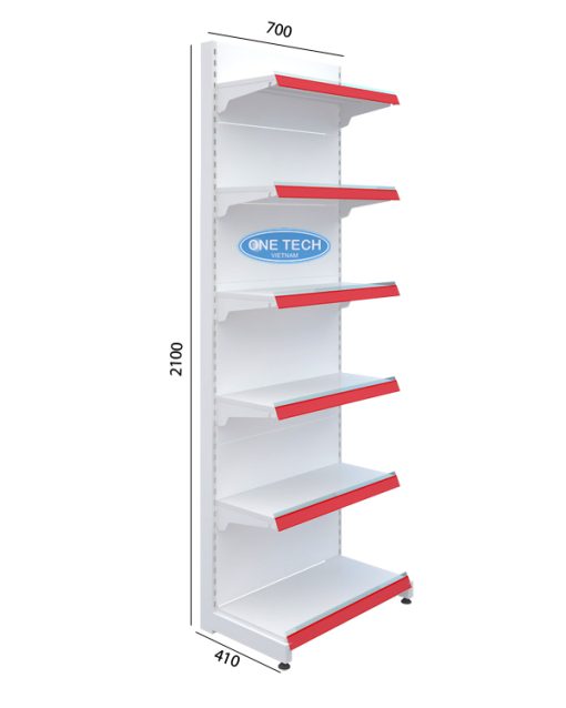 Kệ siêu thị đơn tôn liền 6 tầng, kích thước C210 x D70 cm, phù hợp cho việc trưng bày hàng hóa trong siêu thị.