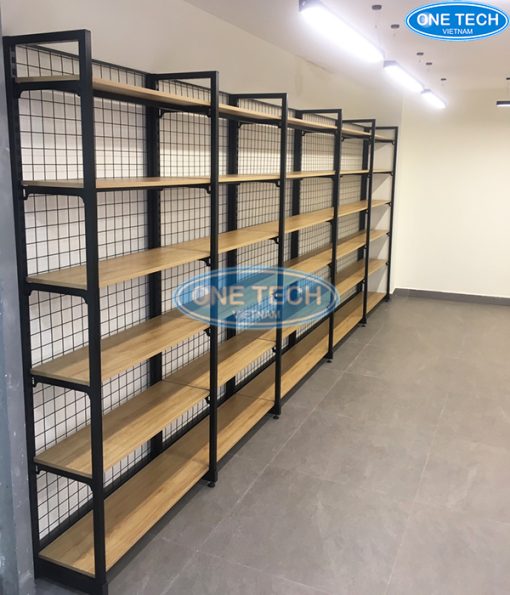 Kệ khung sắt mặt gỗ 6 tầng chắc chắn, thiết kế hiện đại, phù hợp cho trưng bày và lưu trữ.