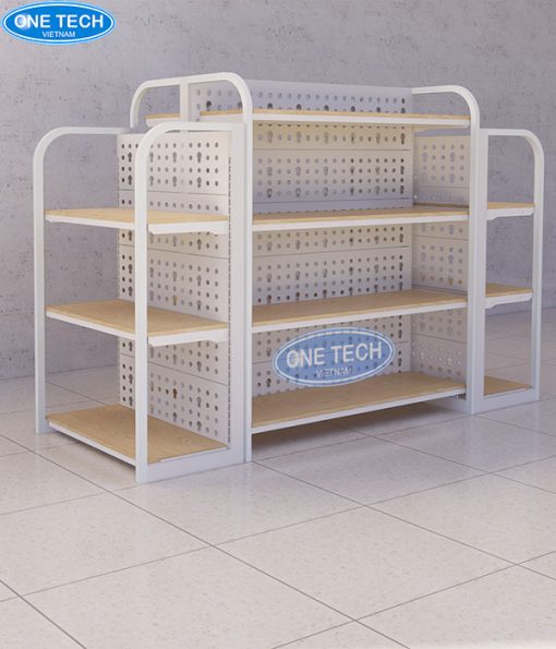 Kệ gỗ khung sắt đôi với lưng tôn đục lỗ, thiết kế chắc chắn, phù hợp trưng bày sản phẩm đa dạng.