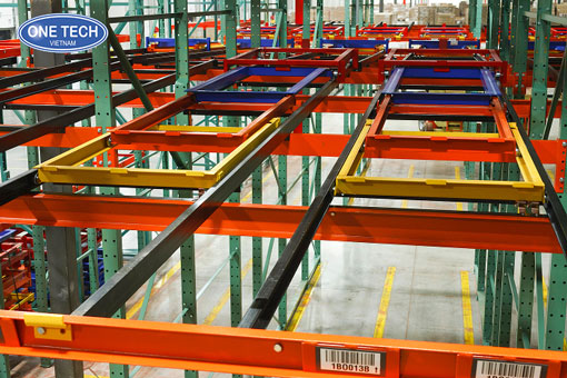 Kệ Push Back – Giải Pháp Lưu Trữ Pallet Hiện Đại, Tiết Kiệm Diện Tích Kệ Push Back nhiều tầng chứa pallet trong kho hàng công nghiệp, giúp tận dụng tối đa không gian lưu trữ