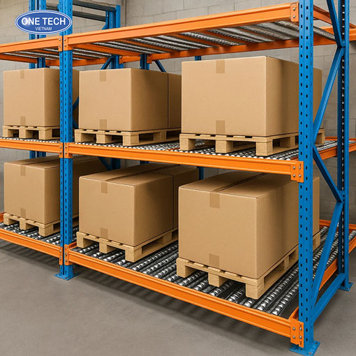 Kệ con lăn giúp tối ưu quy trình nhập xuất hàng trong kho Kệ con lăn trong kho hàng giúp di chuyển pallet tự động và tối ưu không gian lưu trữ