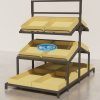 Kệ đựng rau củ quả đôi 3 tầng với khay gỗ tự nhiên, thiết kế chắc chắn, phù hợp cho cửa hàng thực phẩm và siêu thị.