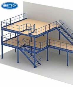 Kệ sàn Mezzanine lắp ráp hai tầng với cầu thang và lan can trong kho công nghiệp