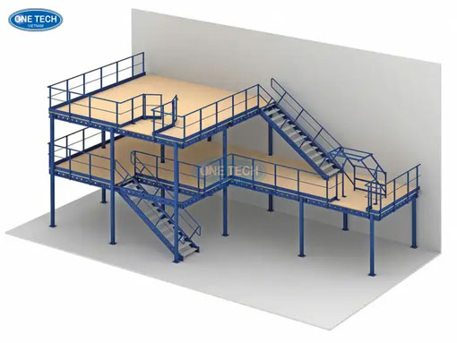Kệ sàn Mezzanine giúp tối ưu không gian kho với thiết kế 2 tầng chắc chắn, tăng diện tích sử dụng gấp đôi
