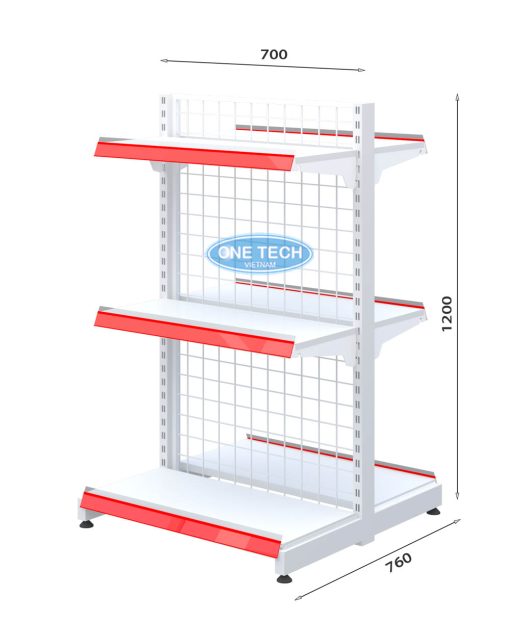 Kệ siêu thị đôi lưng lưới 3 tầng kích thước C120 x D70, thiết kế chắc chắn, tối ưu không gian trưng bày.