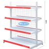 Kệ siêu thị đôi lưng lưới 4 tầng, kích thước C150 x D120 cm, thiết kế chắc chắn, phù hợp cho cửa hàng tạp hóa và siêu thị.